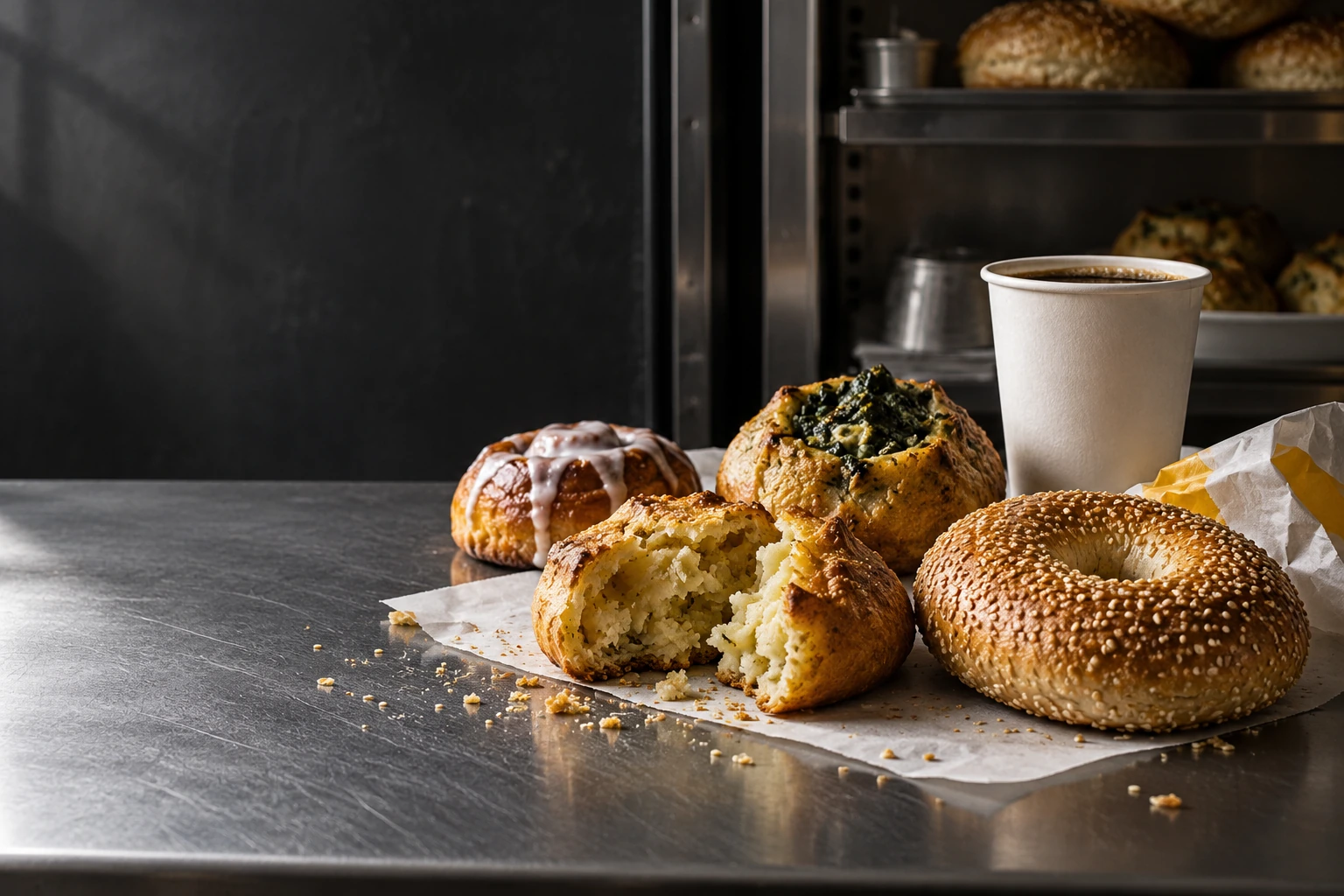 Illustrative bakery-counter still life with a sesame bagel, potato and spinach knishes, pastry and coffee; not the merchant premises or exact menu.